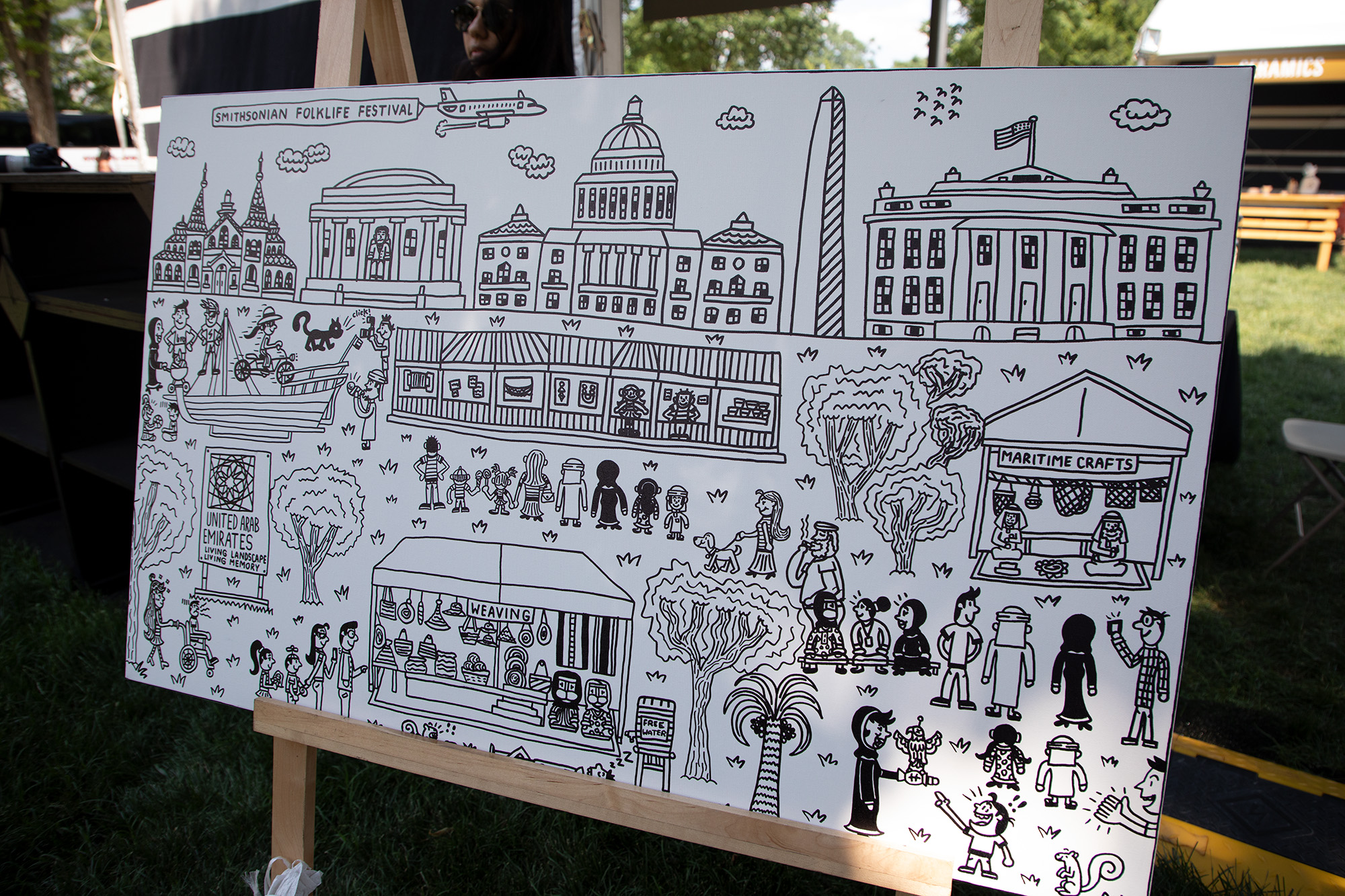 Black-and-white line drawing of the Smithsonian Folklife Festival
