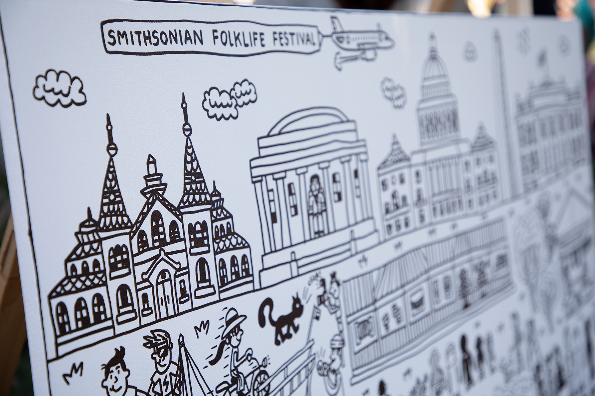 Close up black-and-white line drawing of the Smithsonian Folklife Festival