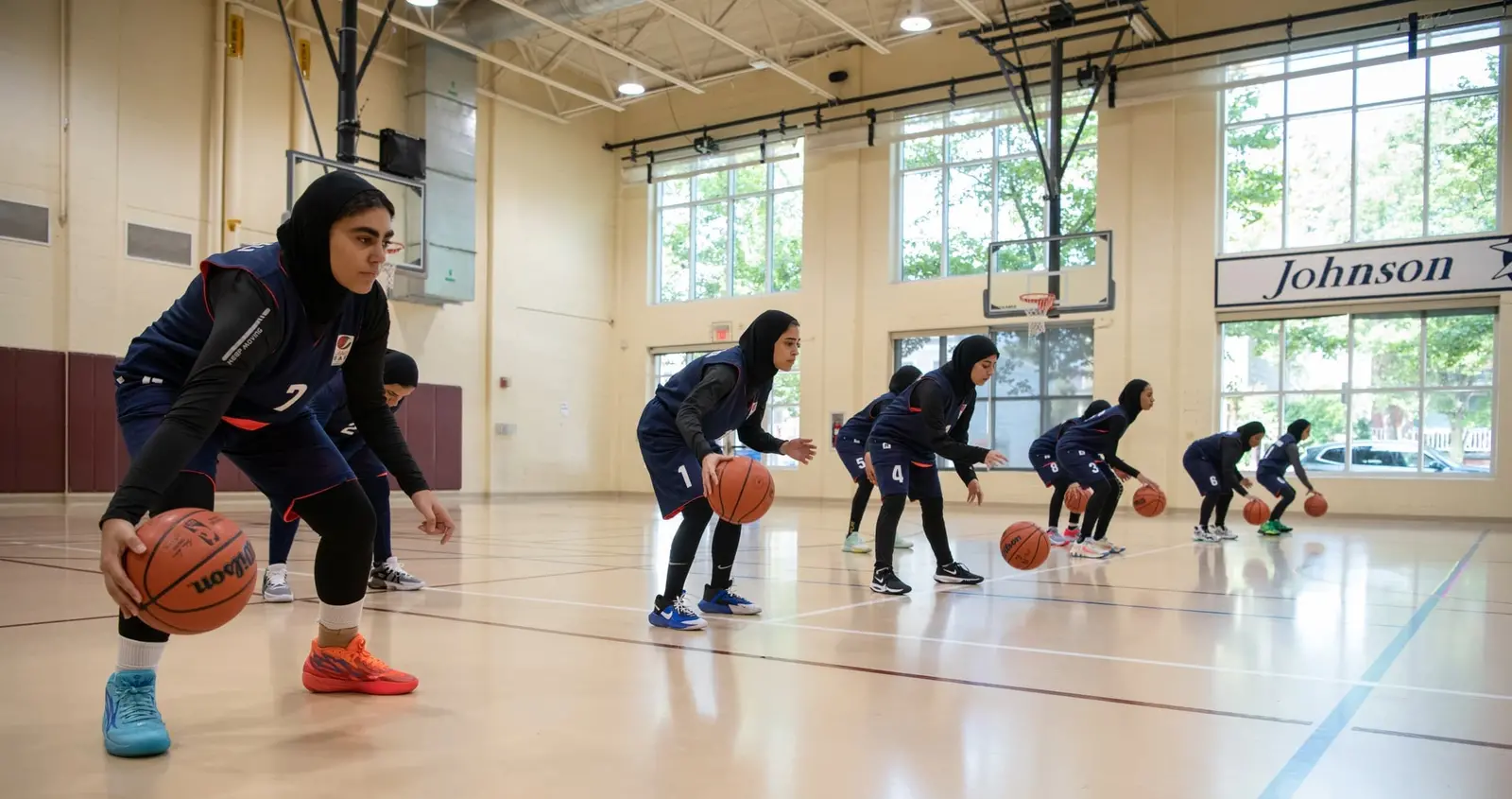 Emirati women dribbling basketballs in a line